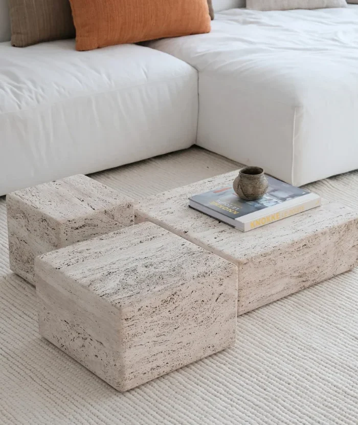 Kavos staliukas DIJON, baltas travertinas, 39x39x24,5cm