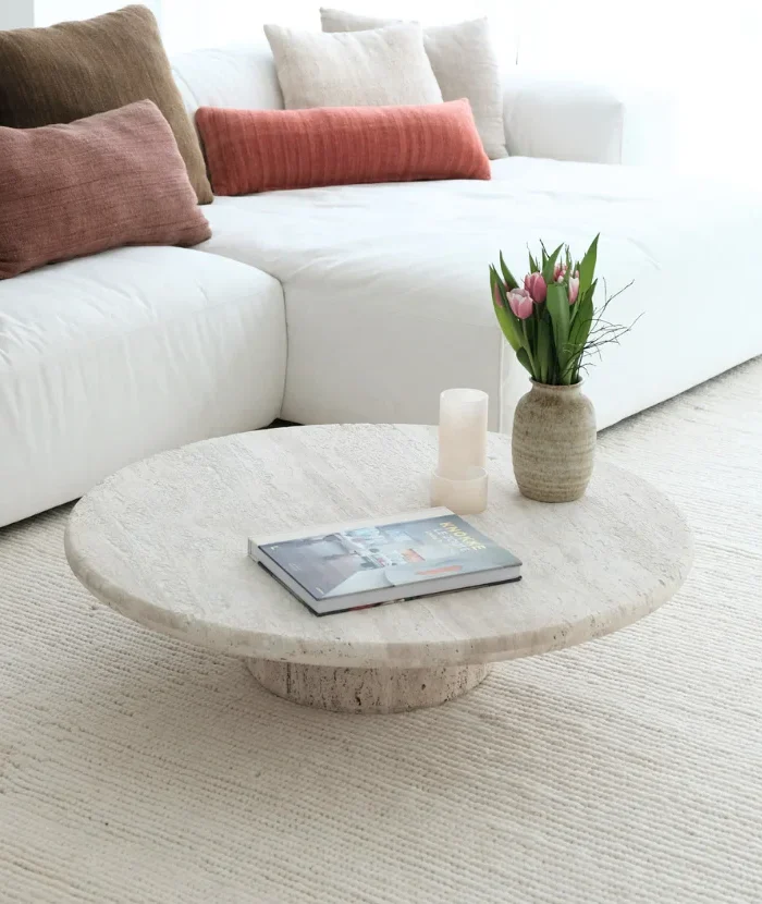 Kavos staliukas REDON, baltas travertinas, 100cm skersmens