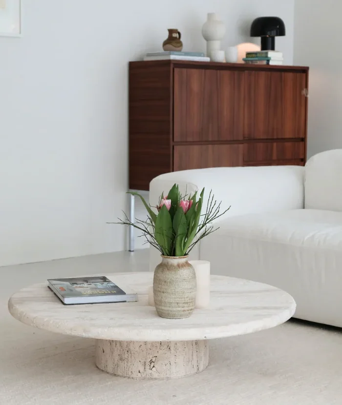 Kavos staliukas REDON, baltas travertinas, 80cm skersmens